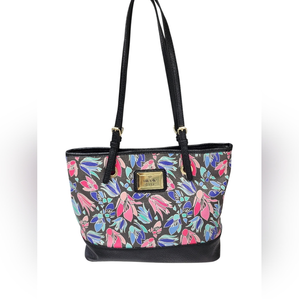 NICOLE By Nicole Miller Floral Color Blocked Leather Tote EUC